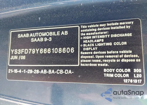 2006 Saab 9-3 2.0T z USA, uszkodzony, nr VIN YS3FD79Y666108606